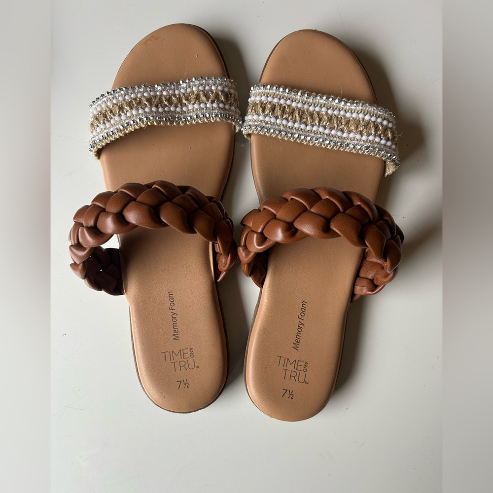 2-Pair Bundle: Black + Tan/Brown/Gold Puff Weave Slip On Sandals (Size 7.5)